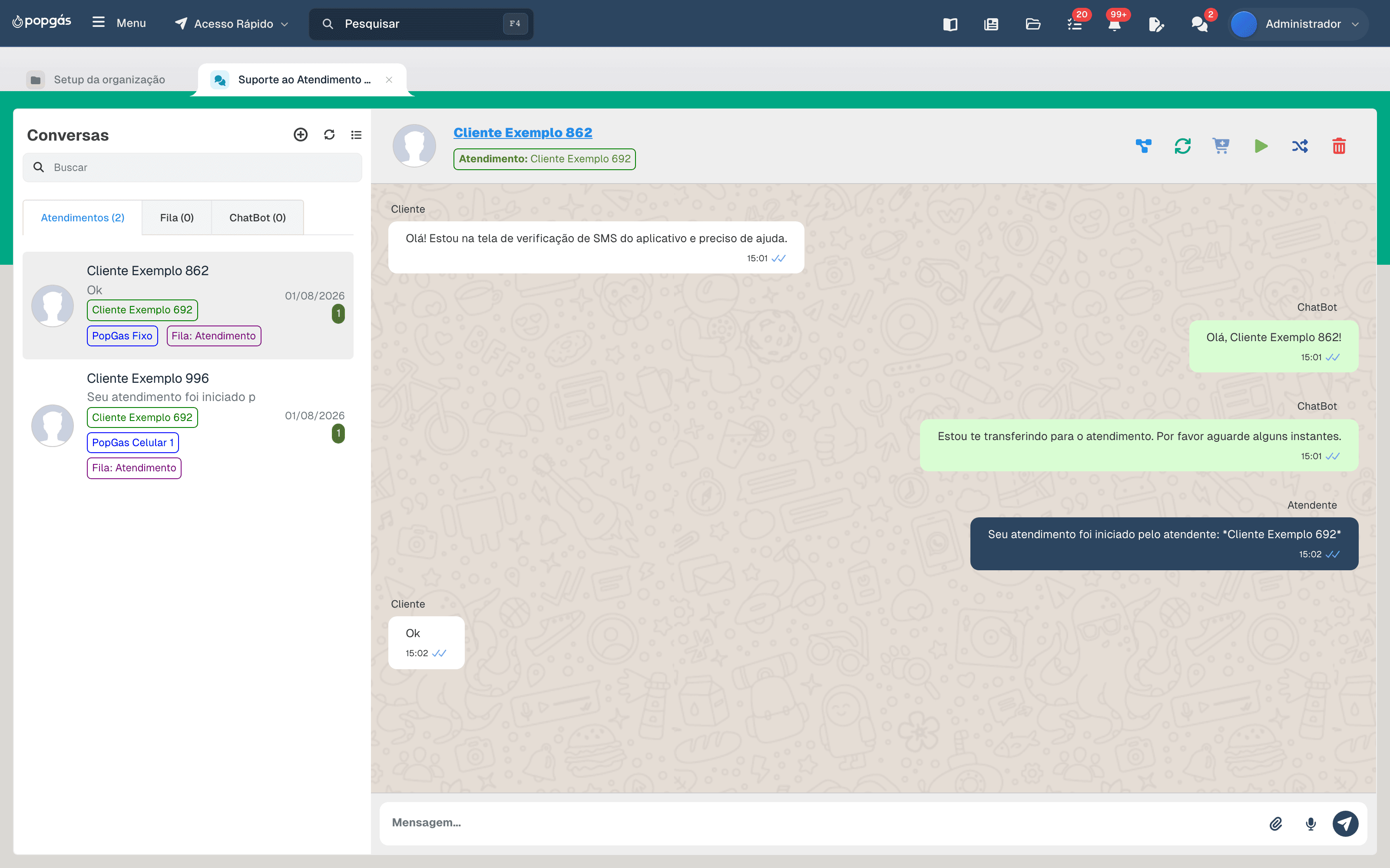 Tela de conversa de WhatsApp com chatbot IA do PopGás Sistema